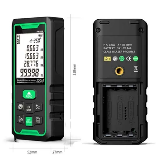 Máy Đo Khoảng Cách Laser 100m Sndway SW-100G tia xanh pin tiểu